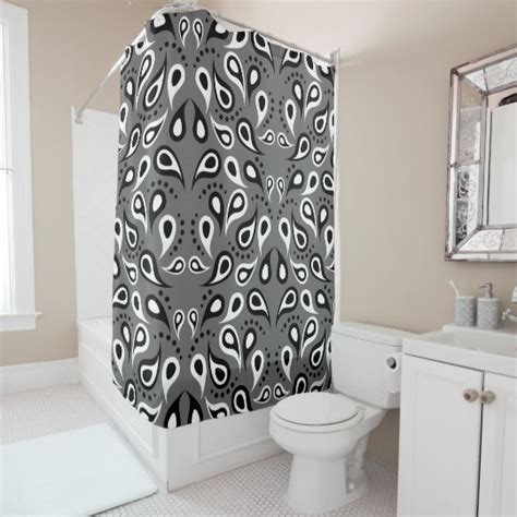 Modern Black And White Paisley On Gray Shower Curtain
