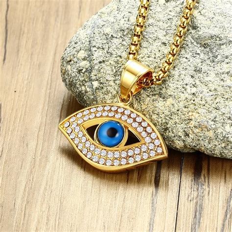 Evil Blue Eye Pendant With Cubic Zirconias Necklace For Men Stainless