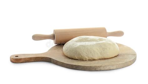 Fresh Yeast Dough And Wooden Rolling Pin Isolated On White Stock Photo