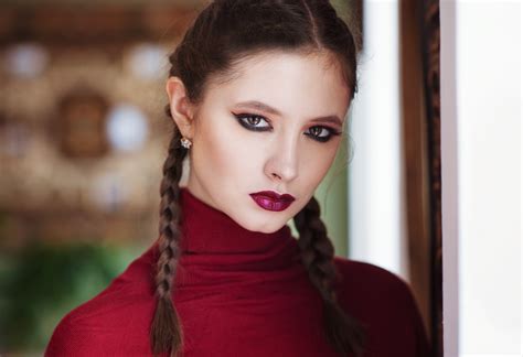 Braid Lipstick Stare Woman Model Brunette Brown Eyes Girl Face