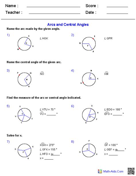 The interior angles in a triangle add up to 180°. Working with Arcs and Central Angles Worksheets | Geometry worksheets
