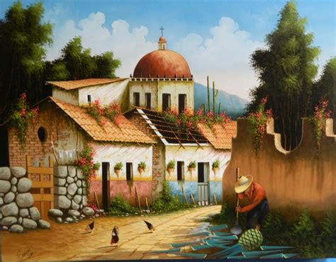 Cuadro Tradicional Pintura Al Oleo Pueblo Tipico Mexicano Meses Sin