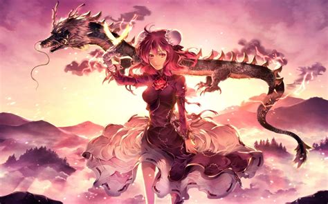 Download Red Haired Gal With Eastern Dragon Wallpaper