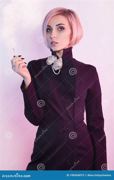 Beautiful Woman In Dresssmoke A Cigarette Stock Image Image Of
