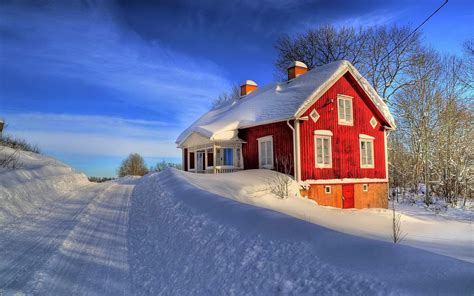 Sweden Road Snow Sky Houses Blue Winter Pure Fantastic Enchanting Magic