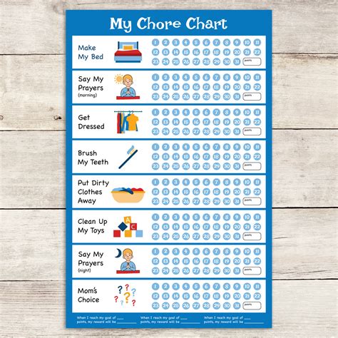 Monthly Chore Chart For Kids In Blue Etsy
