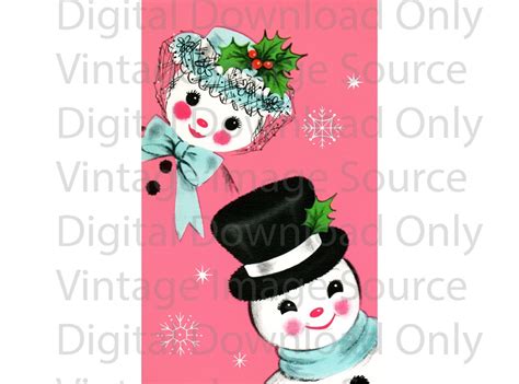 Digital Download Printable 1950s Christmas Card Pink Pastel Snowman