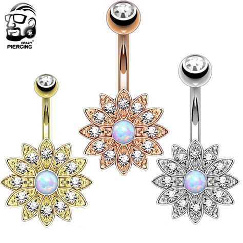 1pc High Quality Opal Belly Button Rings Jeweled Flower Dangle Navel Ring 316l Surgical Steel