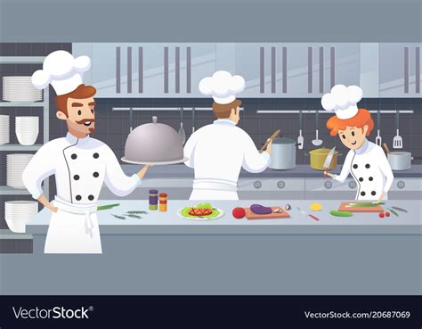 Commercial Kitchen With Cartoon Characters Chef Vector Image