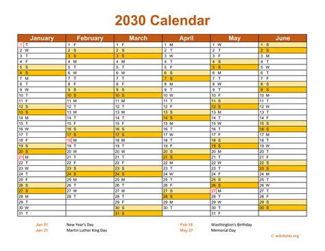 2030 Calendar On 2 Pages Landscape Orientation