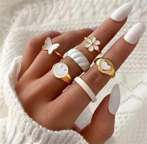 6 Piece Glossy Aesthetic Ring Set Heart Rings Jewelry T Etsy