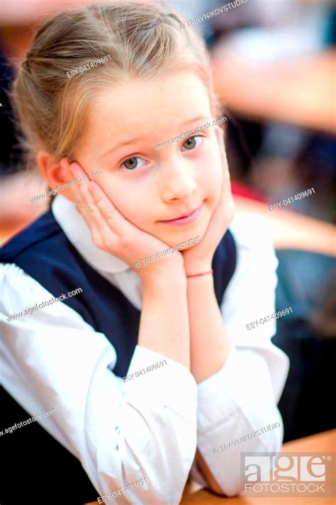 Adorable Little School Girl With Notes And Pencils Outdoor Stock Photo
