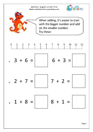English numbers worksheets for learning and teaching grammar in a fun way. Addition: Largest Number First Addition Maths Worksheets For Year 1 (age 5-6)