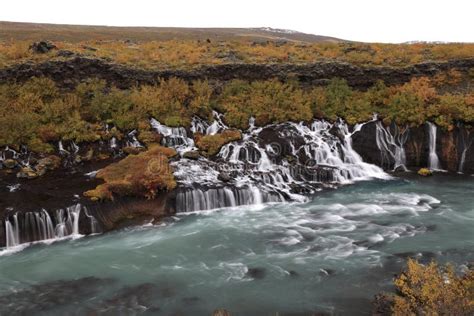 Hraunfossar A Cascade Of Small Waterfalls Flowing Into The Hvita River