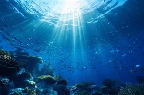 Premium Ai Image Underwater Blue Ocean With Sunbeam
