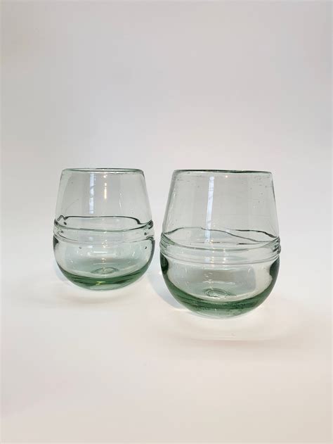 Handblown Recycled Glass Stemless Wine Glasses Clear Accent Etsy