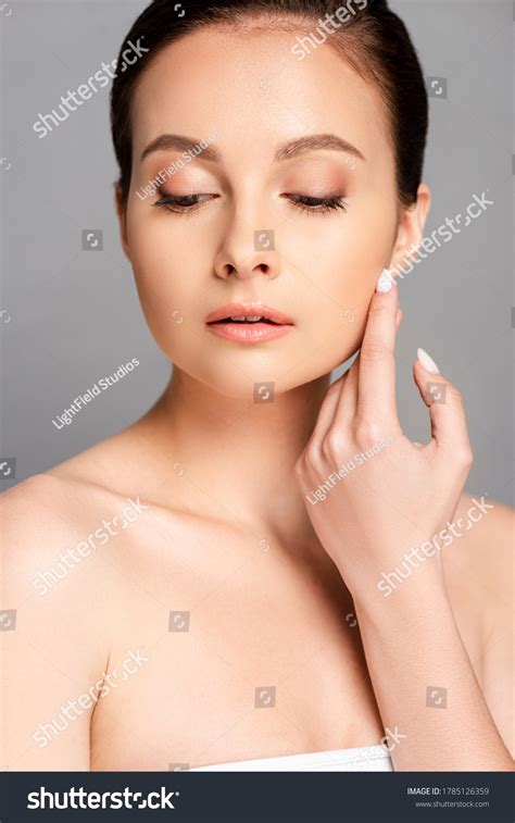 Beautiful Naked Woman Perfect Skin Touching Stock Photo