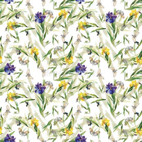 Seamless Pattern With Watercolor Irises Vector Illustration Stock
