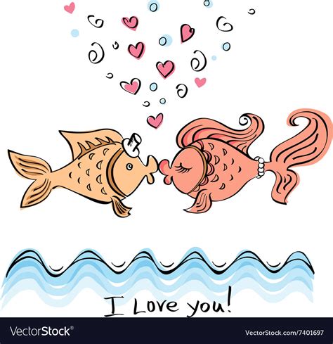 Kiss Of Two Fishes Drawing Royalty Free Vector Image