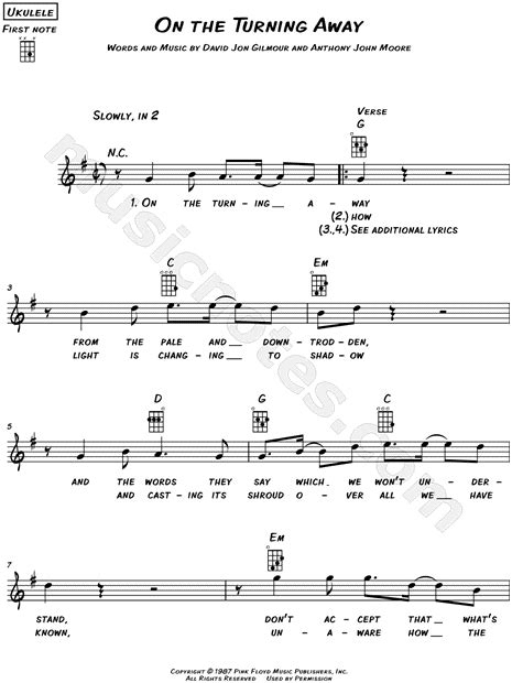 Pink Floyd On The Turning Away Sheet Music Leadsheet In G Major Download And Print Sku