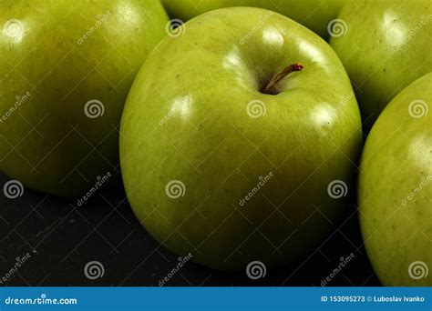 Closeup Of Green Apples On Black Board Detailed Photo Texture On
