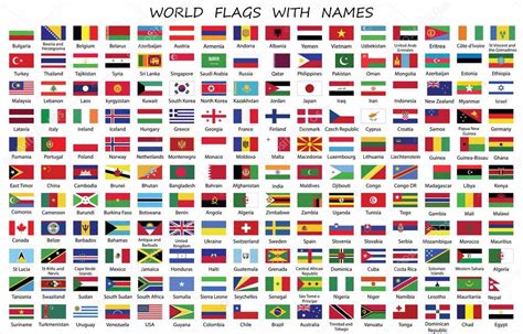 Dünya Ülke Bayraklarıyla Adları Beyaz Arka Plan Vektör Stok Vektörü