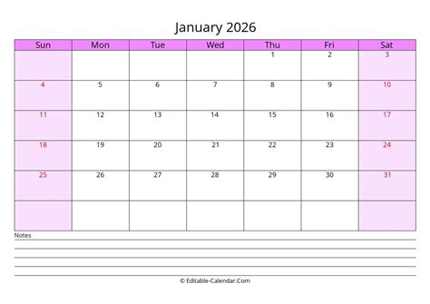 Download Free Editable Calendar January 2026 With Notes Weeks Start On