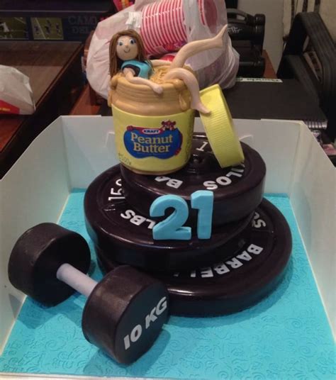 Gym Themed Cake The Weight Plates Are Mud Cake The Peanut Butter Jar Is Made From Ricekrispies