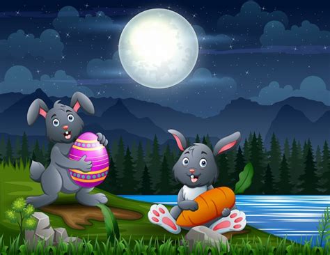 Premium Vector Happy Easter Bunnies At Night Landscape