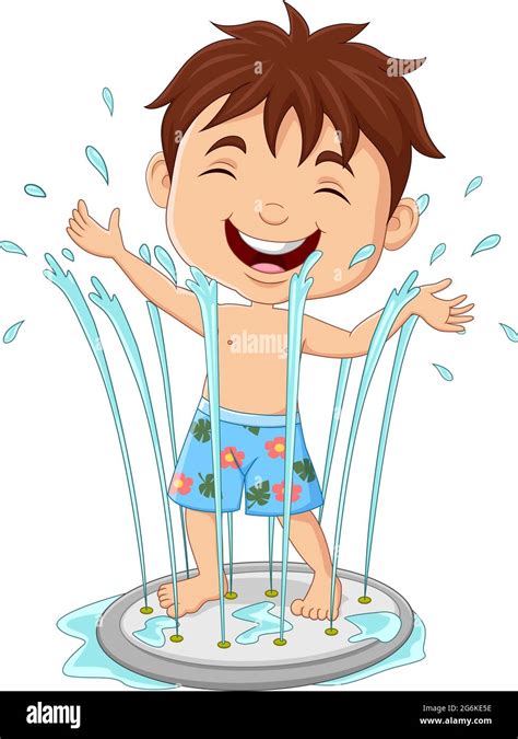 Niño De Dibujos Animados Jugando Fuente De Agua Imagen Vector De Stock