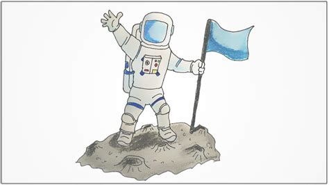 How To Draw A Astronaut With A Flag On Moon Surface Step By Step Youtube