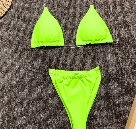 Sexy Neon Bikini Push Up Swimwear Women Simple Swimsuit Invisible Straps Bikinis Set Thong