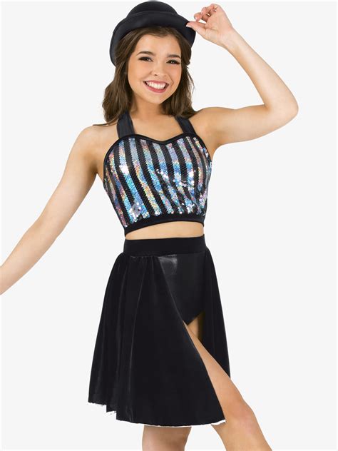 Womens Striped Top And Skirt 2 Piece Dance Costume Set Elisse By Double Platinum El270