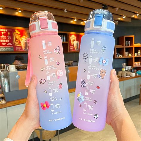 1100ml Gradient Pastel Water Bottle With Straw Sticker Water Bottle With Motivational Time