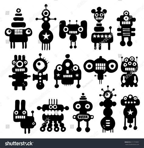 Set Cute Black White Monsters Vector Stock Vector Royalty Free