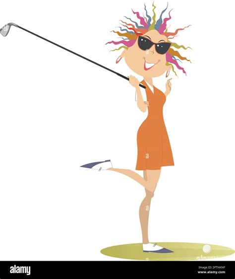 Young Golfer Woman On The Golf Course Illustration Cartoon Smiling