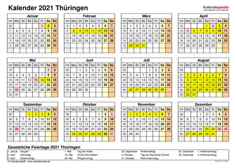 Jahreskalender 2021 mit den feiertagen österreich und kalenderwochen. Kalender 2021 Thüringen: Ferien, Feiertage, PDF-Vorlagen
