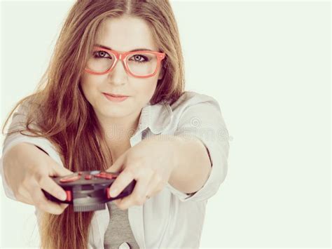 Gamer Woman Holding Gaming Pad Stock Image Image Of Technology Geek
