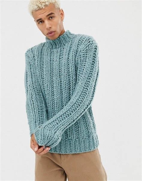 asos design hand knitted heavyweight turtleneck sweater in light blue with images knit men