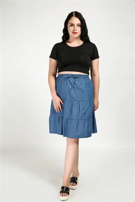 Womens Sexy Plus Size Denim Skirt Sashes Design Dark Blue A Line Skirt Knee Length Summer