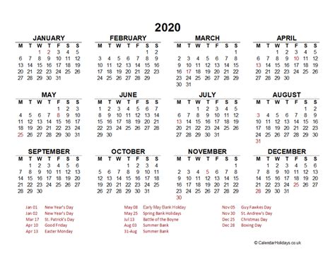 2020 Yearly Template Uk