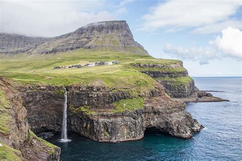 Faroe Islands Sea Sky Houses Mountains Waterfall Green Grass