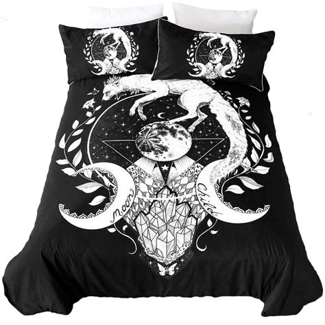 Black Bedding Set With Fox And Galaxy Planet Print Unisex Bedclothes