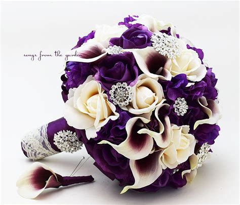 bridal bouquet real touch picasso callas purple lavender ivory roses rhinestones and purple