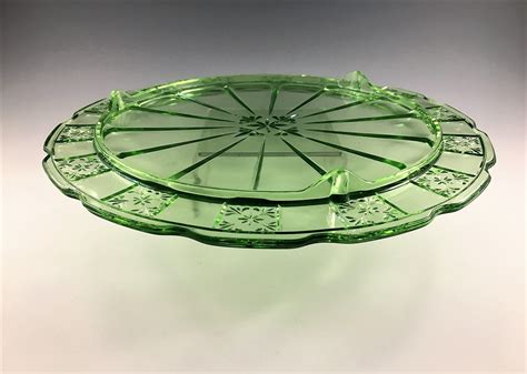 Vintage Jeannette Glass Footed Cake Plate Doric Green Pattern Uranium Glass Depression