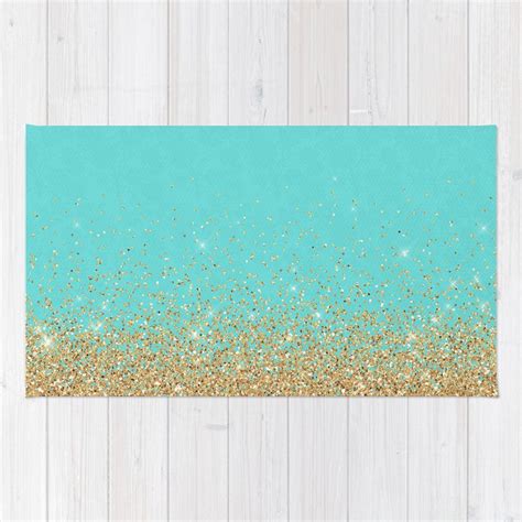 Sparkling Gold Glitter Confetti On Aqua Teal Damask Background Rug By