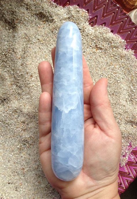 blue calcite gemstone yoni wand massage wand throat third eye chakras almost 6 inches rounded
