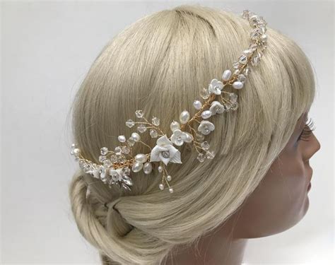 Freshwater Pearl Flower Bridal Crown Gold Floral Wedding Hair Vine Pearl Wedding Headpiece