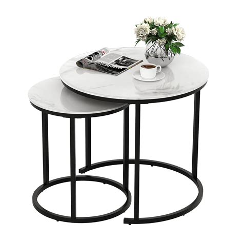 Idealhouse Round Coffee Table Set Of 2 Modern Accent Marble Texture Coffee Tables For Living