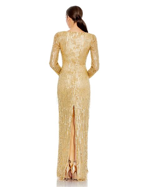 Mac Duggal Sequined Long Sleeve V Neck Beaded Fringe Gown In Gold